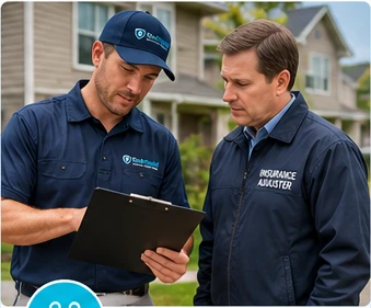 Plumber and insurance adjuster reviewing inspection documentation on site